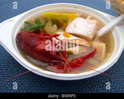 Fish soup served in farmers` market in Prenzlauer Berg in winter in Berlin Stock Photo